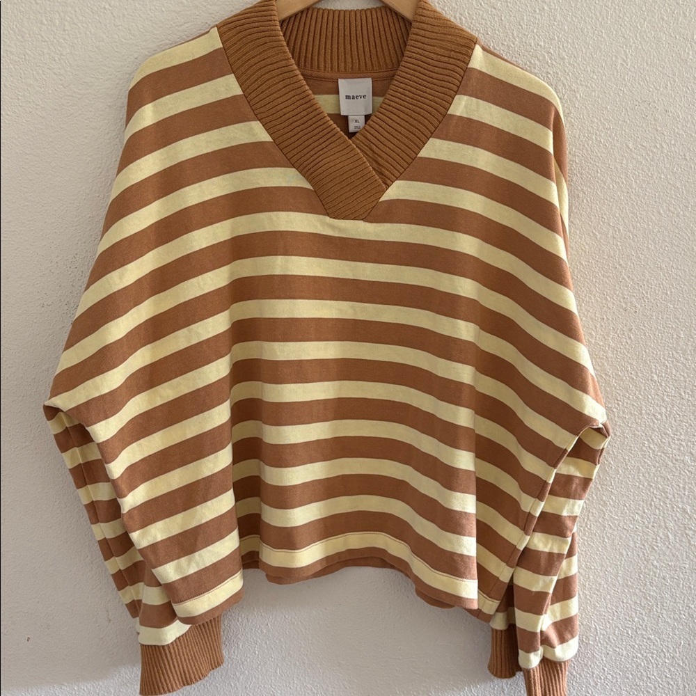 Maeve Cream and Camel Striped V-Neck Sweater Top - Picture 3 of 6